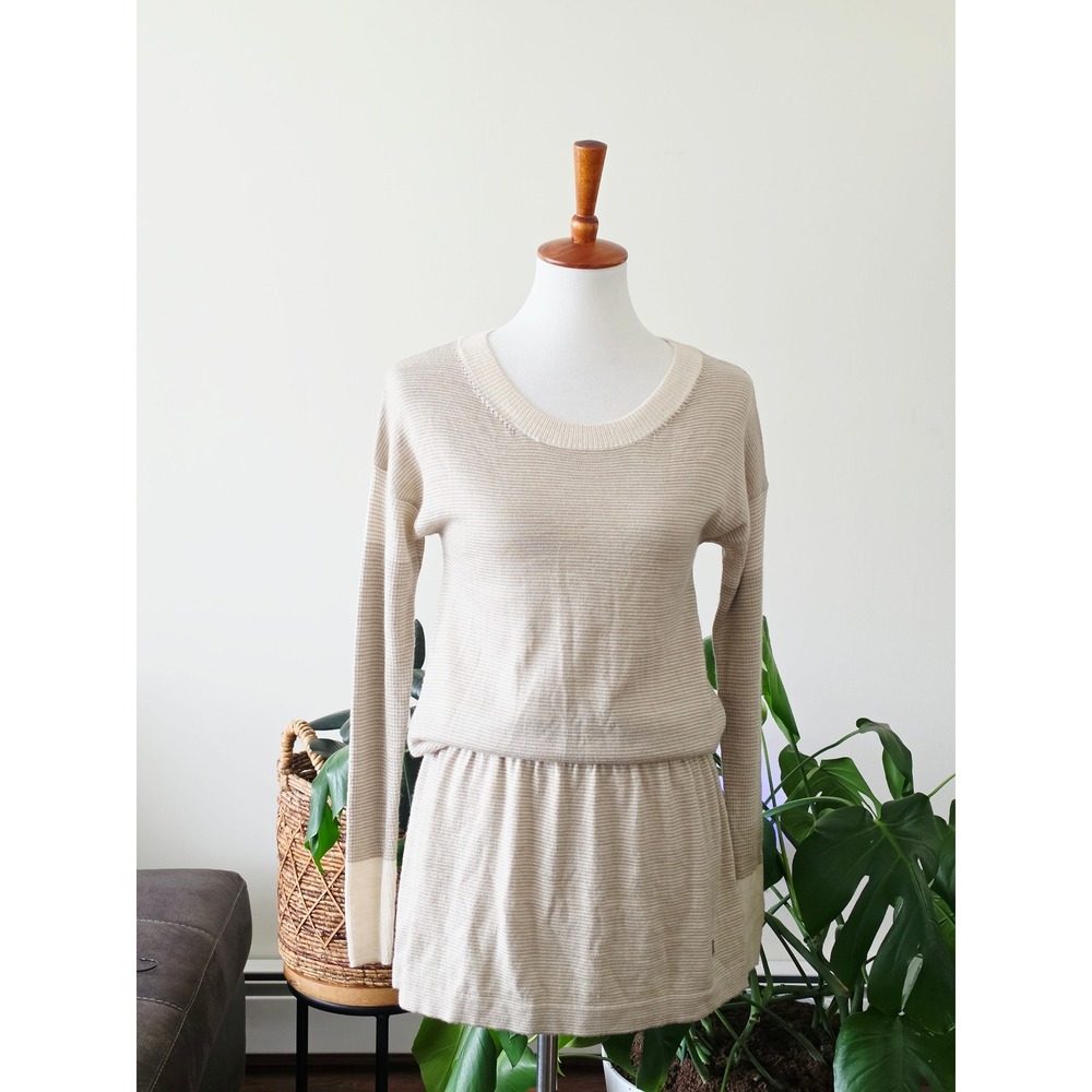 Smartwool Womens Merino Wool Blend Striped Sweater Dress Oatmeal Tan M‎